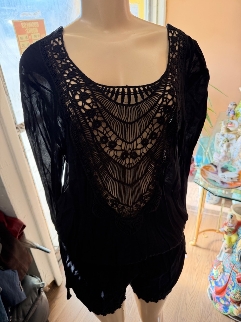 Elan‎ Black Crochet Scoop-Neck Tunic